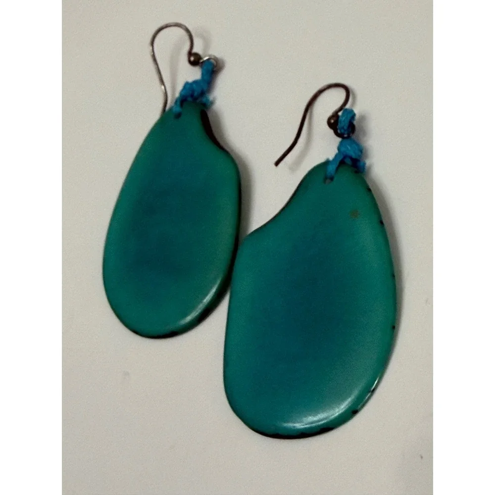 Tagua Nut Organic Pebble Drop Earrings Bronze Tone Fishhook Boho Artisanal Teal